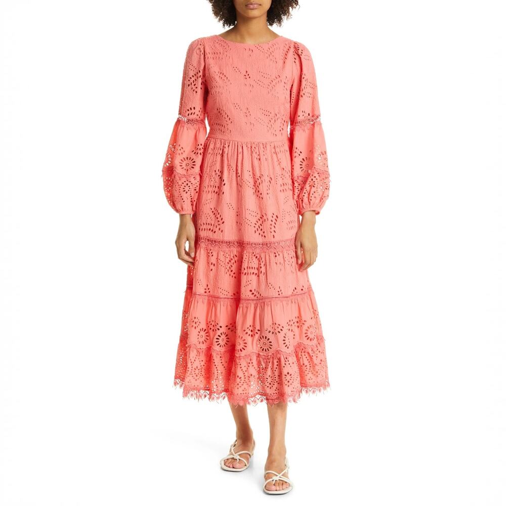 Kobi Halperin Zadie Coral Cotton Eyelet Midi Dress Size S